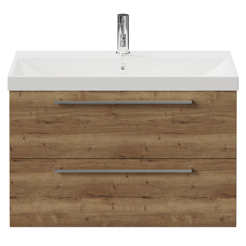 Napoli Tobacco Oak 800mm Wall Mounted Vanity Unit with 1 Tap Hole Slim Edge Basin and 2 Drawers with Chrome Handles View from Front
