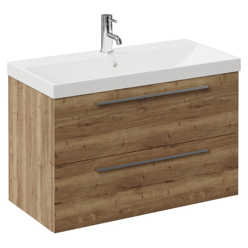 Napoli Tobacco Oak 800mm Wall Mounted Vanity Unit with 1 Tap Hole Slim Edge Basin and 2 Drawers with Chrome Handles Left Hand View