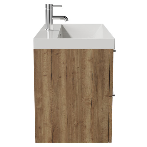 Napoli Tobacco Oak 800mm Wall Mounted Vanity Unit with 1 Tap Hole Slim Edge Basin and 2 Drawers with Chrome Handles View from Side