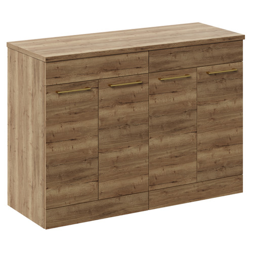 Napoli Tobacco Oak 1200mm Floor Standing Vanity Unit for Countertop Basins with 4 Doors and Brushed Brass Handles Left Hand View