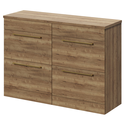 Napoli Tobacco Oak 1200mm Floor Standing Vanity Unit for Countertop Basins with 4 Drawers and Brushed Brass Handles Right Hand View