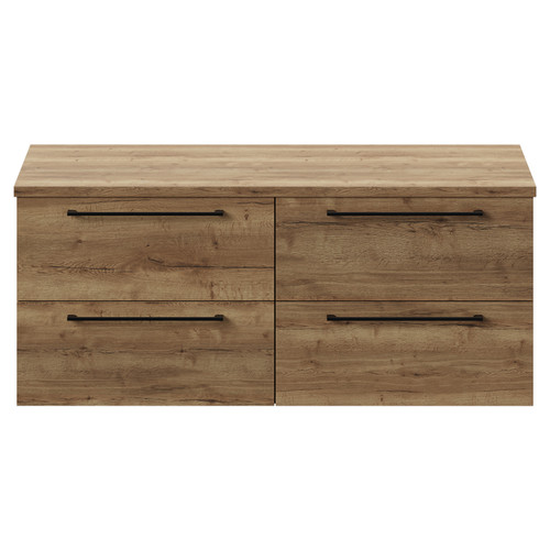 Napoli Tobacco Oak 1200mm Wall Mounted Vanity Unit for Countertop Basins with 4 Drawers and Matt Black Handles View from Front