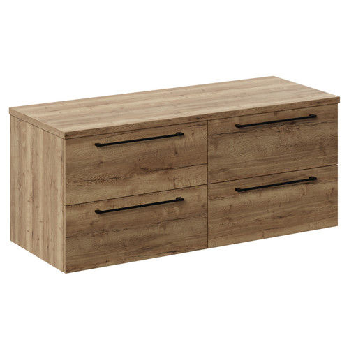 Napoli Tobacco Oak 1200mm Wall Mounted Vanity Unit for Countertop Basins with 4 Drawers and Matt Black Handles Left Hand View