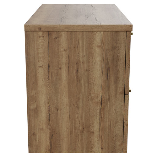Napoli 390 Tobacco Oak 800mm Wall Mounted Vanity Unit for Countertop Basins with 2 Drawers and Brushed Brass Handles View from Side