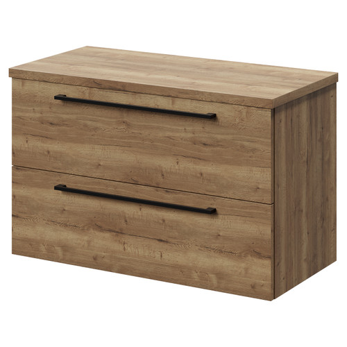 Napoli 390 Tobacco Oak 800mm Wall Mounted Vanity Unit for Countertop Basins with 2 Drawers and Matt Black Handles Right Hand View
