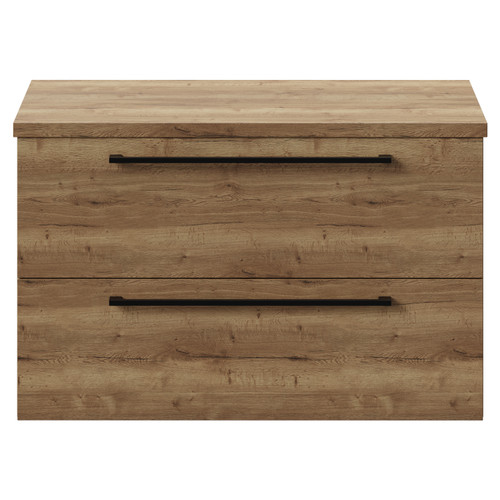 Napoli 390 Tobacco Oak 800mm Wall Mounted Vanity Unit for Countertop Basins with 2 Drawers and Matt Black Handles View from Front