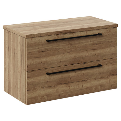 Napoli 390 Tobacco Oak 800mm Wall Mounted Vanity Unit for Countertop Basins with 2 Drawers and Matt Black Handles Left Hand View