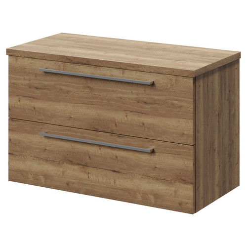 Napoli 390 Tobacco Oak 800mm Wall Mounted Vanity Unit for Countertop Basins with 2 Drawers and Chrome Handles Right Hand View