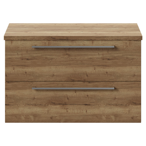 Napoli 390 Tobacco Oak 800mm Wall Mounted Vanity Unit for Countertop Basins with 2 Drawers and Chrome Handles View from Front
