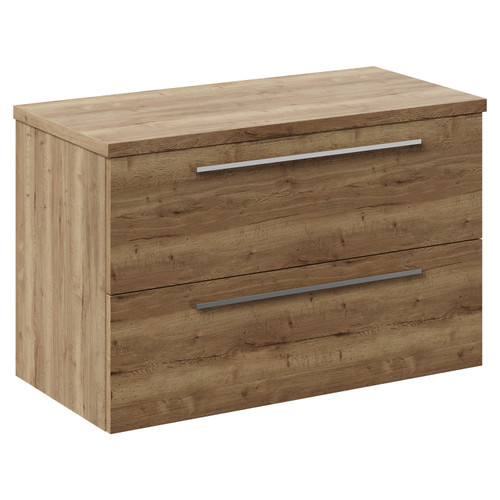 Napoli 390 Tobacco Oak 800mm Wall Mounted Vanity Unit for Countertop Basins with 2 Drawers and Chrome Handles Left Hand View