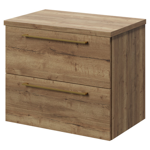Napoli 390 Tobacco Oak 600mm Wall Mounted Vanity Unit for Countertop Basins with 2 Drawers and Brushed Brass Handles Right Hand View