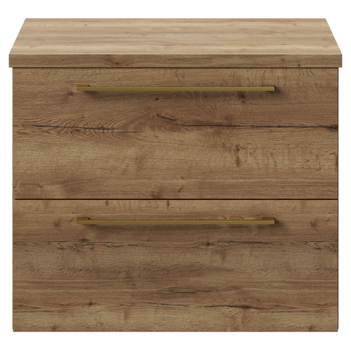 Napoli 390 Tobacco Oak 600mm Wall Mounted Vanity Unit for Countertop Basins with 2 Drawers and Brushed Brass Handles View from Front