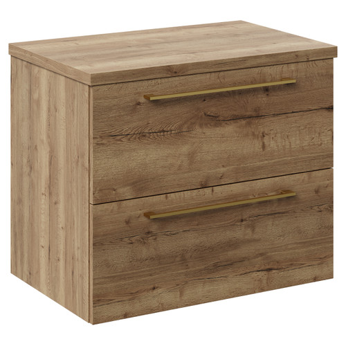 Napoli 390 Tobacco Oak 600mm Wall Mounted Vanity Unit for Countertop Basins with 2 Drawers and Brushed Brass Handles Left Hand View