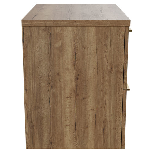 Napoli 390 Tobacco Oak 600mm Wall Mounted Vanity Unit for Countertop Basins with 2 Drawers and Brushed Brass Handles View from Side