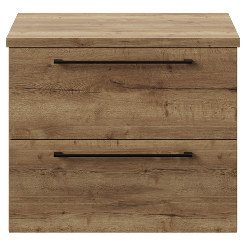 Napoli 390 Tobacco Oak 600mm Wall Mounted Vanity Unit for Countertop Basins with 2 Drawers and Matt Black Handles View from Front