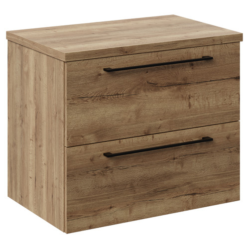 Napoli 390 Tobacco Oak 600mm Wall Mounted Vanity Unit for Countertop Basins with 2 Drawers and Matt Black Handles Left Hand View