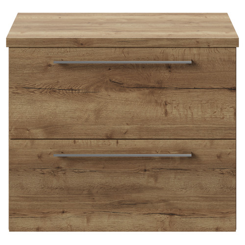 Napoli 390 Tobacco Oak 600mm Wall Mounted Vanity Unit for Countertop Basins with 2 Drawers and Chrome Handles View from Front