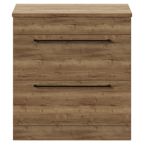 Napoli 390 Tobacco Oak 800mm Floor Standing Vanity Unit for Countertop Basins with 2 Drawers and Matt Black Handles View from Front