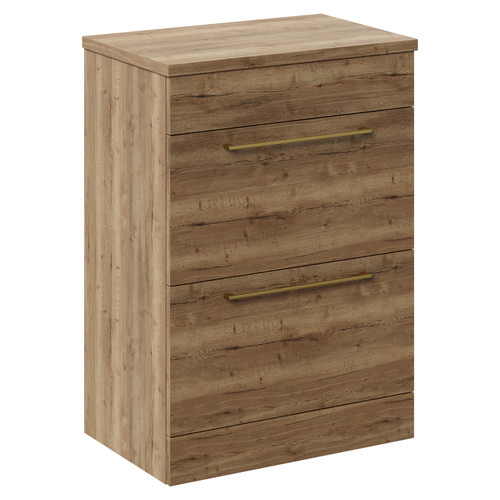 Napoli 390 Tobacco Oak 600mm Floor Standing Vanity Unit for Countertop Basins with 2 Drawers and Brushed Brass Handles Left Hand View