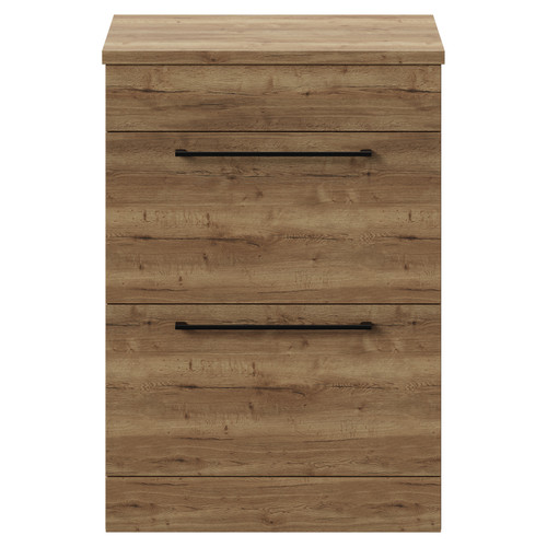 Napoli 390 Tobacco Oak 600mm Floor Standing Vanity Unit for Countertop Basins with 2 Drawers and Matt Black Handles View from Front
