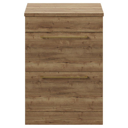 Napoli Tobacco Oak 600mm Floor Standing Vanity Unit for Countertop Basins with 2 Drawers and Brushed Brass Handles View from Front