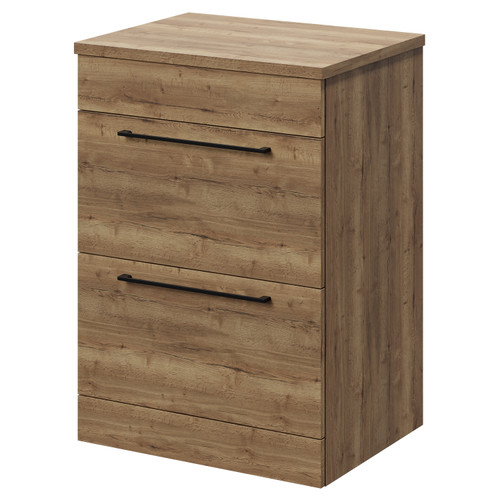Napoli Tobacco Oak 600mm Floor Standing Vanity Unit for Countertop Basins with 2 Drawers and Matt Black Handles Right Hand View