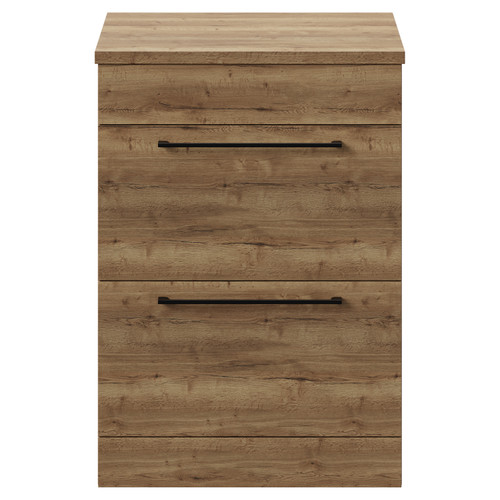 Napoli Tobacco Oak 600mm Floor Standing Vanity Unit for Countertop Basins with 2 Drawers and Matt Black Handles View from Front