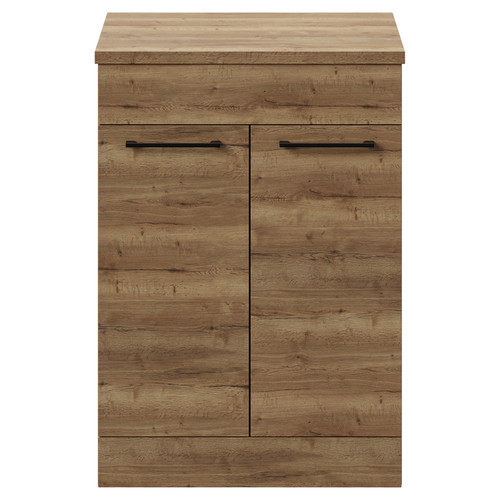 Napoli Tobacco Oak 600mm Floor Standing Vanity Unit for Countertop Basins with 2 Doors and Matt Black Handles View from Front