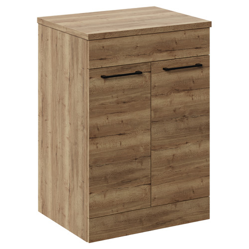 Napoli Tobacco Oak 600mm Floor Standing Vanity Unit for Countertop Basins with 2 Doors and Matt Black Handles Left Hand View