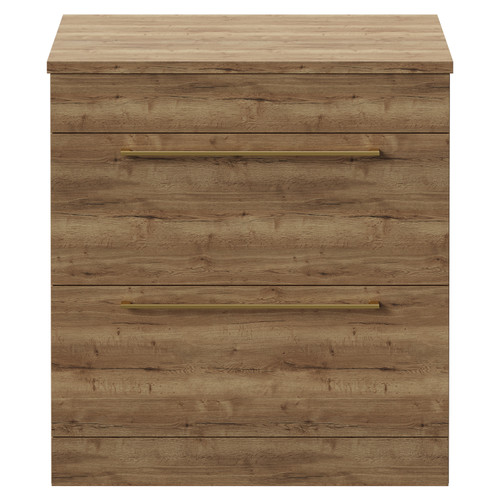 Napoli Tobacco Oak 800mm Floor Standing Vanity Unit for Countertop Basins with 2 Drawers and Brushed Brass Handles View from Front