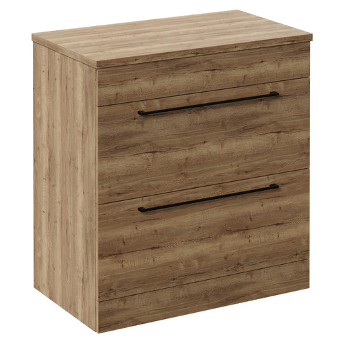 Napoli Tobacco Oak 800mm Floor Standing Vanity Unit for Countertop Basins with 2 Drawers and Matt Black Handles Left Hand View