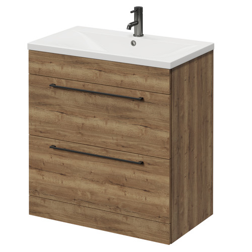Napoli Tobacco Oak 800mm Floor Standing Vanity Unit with 1 Tap Hole Glide Basin and 2 Drawers with Gunmetal Grey Handles Right Hand View
