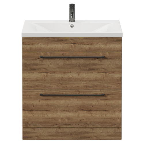 Napoli Tobacco Oak 800mm Floor Standing Vanity Unit with 1 Tap Hole Glide Basin and 2 Drawers with Gunmetal Grey Handles View from Front