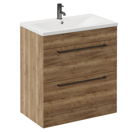 Napoli Tobacco Oak 800mm Floor Standing Vanity Unit with 1 Tap Hole Glide Basin and 2 Drawers with Gunmetal Grey Handles Left Hand View