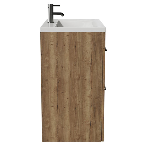 Napoli Tobacco Oak 800mm Floor Standing Vanity Unit with 1 Tap Hole Glide Basin and 2 Drawers with Gunmetal Grey Handles View from Side