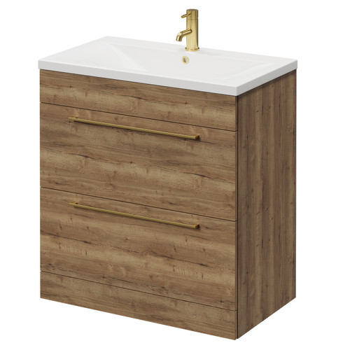 Napoli Tobacco Oak 800mm Floor Standing Vanity Unit with 1 Tap Hole Glide Basin and 2 Drawers with Brushed Brass Handles Right Hand View