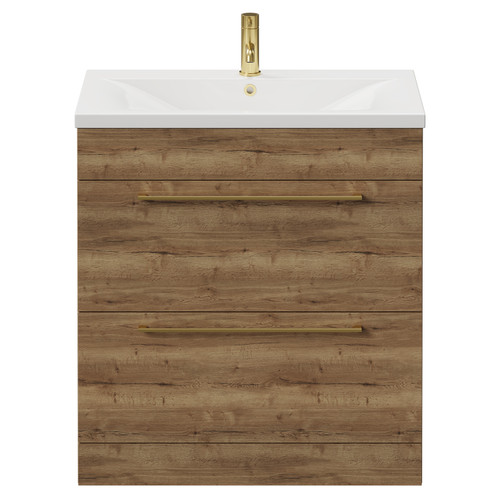 Napoli Tobacco Oak 800mm Floor Standing Vanity Unit with 1 Tap Hole Glide Basin and 2 Drawers with Brushed Brass Handles View from Front