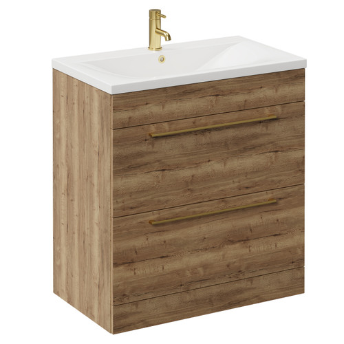 Napoli Tobacco Oak 800mm Floor Standing Vanity Unit with 1 Tap Hole Glide Basin and 2 Drawers with Brushed Brass Handles Left Hand View