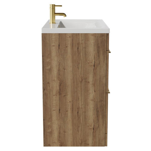 Napoli Tobacco Oak 800mm Floor Standing Vanity Unit with 1 Tap Hole Glide Basin and 2 Drawers with Brushed Brass Handles View from Side