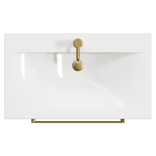 Napoli Tobacco Oak 800mm Floor Standing Vanity Unit with 1 Tap Hole Glide Basin and 2 Drawers with Brushed Brass Handles View from Top