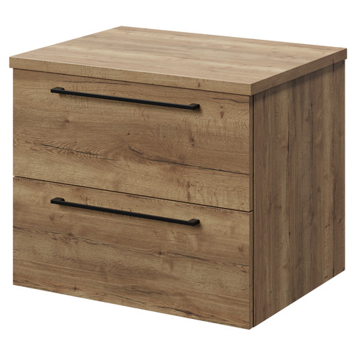 Napoli Tobacco Oak 600mm Wall Mounted Vanity Unit for Countertop Basins with 2 Drawers and Matt Black Handles Right Hand View