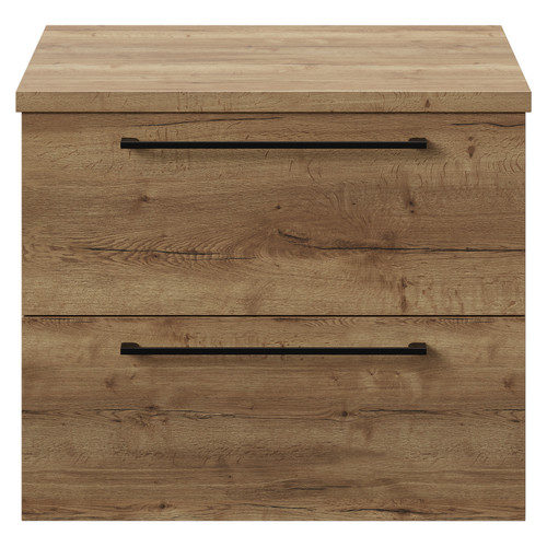 Napoli Tobacco Oak 600mm Wall Mounted Vanity Unit for Countertop Basins with 2 Drawers and Matt Black Handles View from Front
