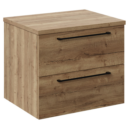 Napoli Tobacco Oak 600mm Wall Mounted Vanity Unit for Countertop Basins with 2 Drawers and Matt Black Handles Left Hand View