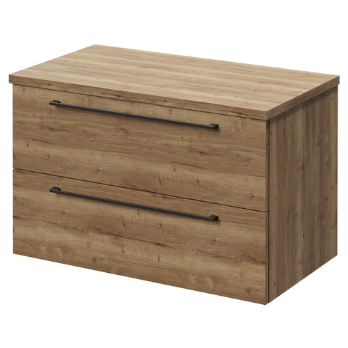 Napoli Tobacco Oak 800mm Wall Mounted Vanity Unit for Countertop Basins with 2 Drawers and Gunmetal Grey Handles Right Hand View