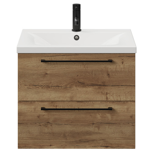 Napoli Tobacco Oak 600mm Wall Mounted Vanity Unit with 1 Tap Hole Glide Basin and 2 Drawers with Matt Black Handles View from Front