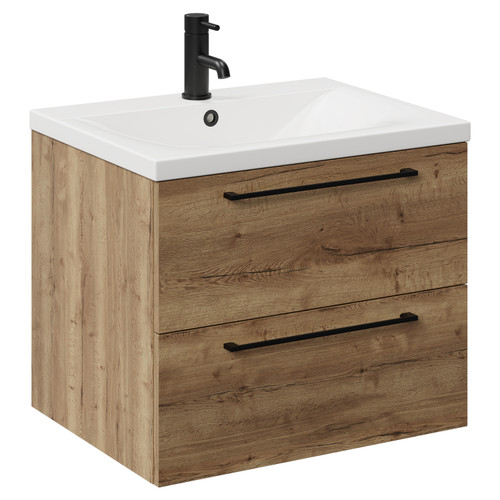 Napoli Tobacco Oak 600mm Wall Mounted Vanity Unit with 1 Tap Hole Glide Basin and 2 Drawers with Matt Black Handles Left Hand View