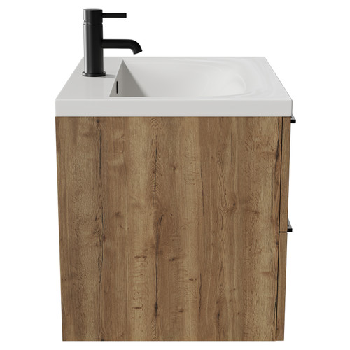 Napoli Tobacco Oak 600mm Wall Mounted Vanity Unit with 1 Tap Hole Glide Basin and 2 Drawers with Matt Black Handles View from Side