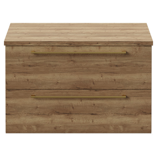 Napoli Tobacco Oak 800mm Wall Mounted Vanity Unit for Countertop Basins with 2 Drawers and Brushed Brass Handles View from Front