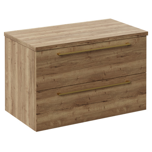 Napoli Tobacco Oak 800mm Wall Mounted Vanity Unit for Countertop Basins with 2 Drawers and Brushed Brass Handles Left Hand View