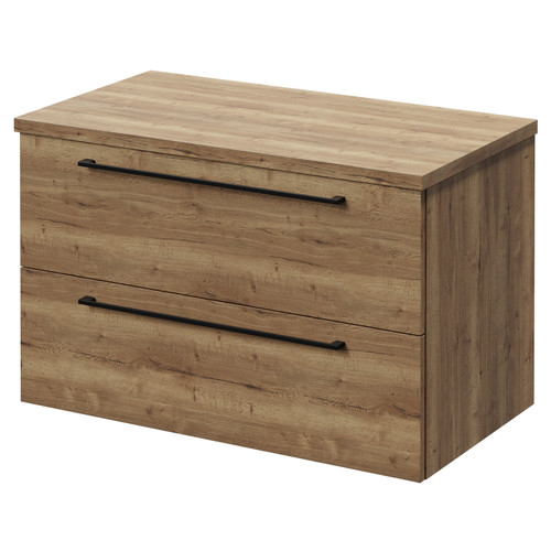 Napoli Tobacco Oak 800mm Wall Mounted Vanity Unit for Countertop Basins with 2 Drawers and Matt Black Handles Right Hand View